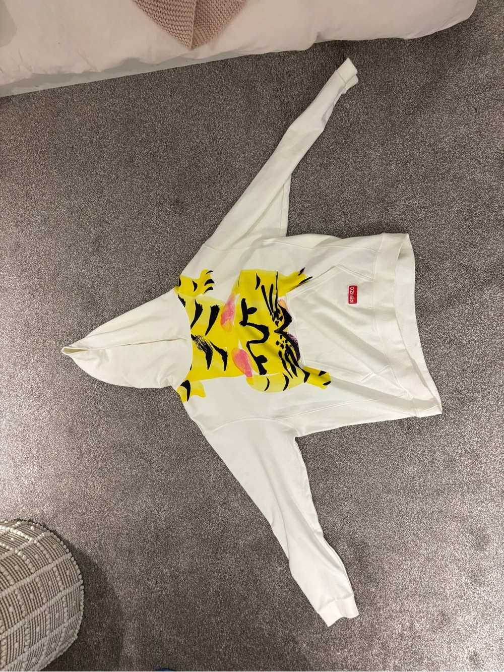 Kenzo White Hoodie with Yellow Tiger Graphic